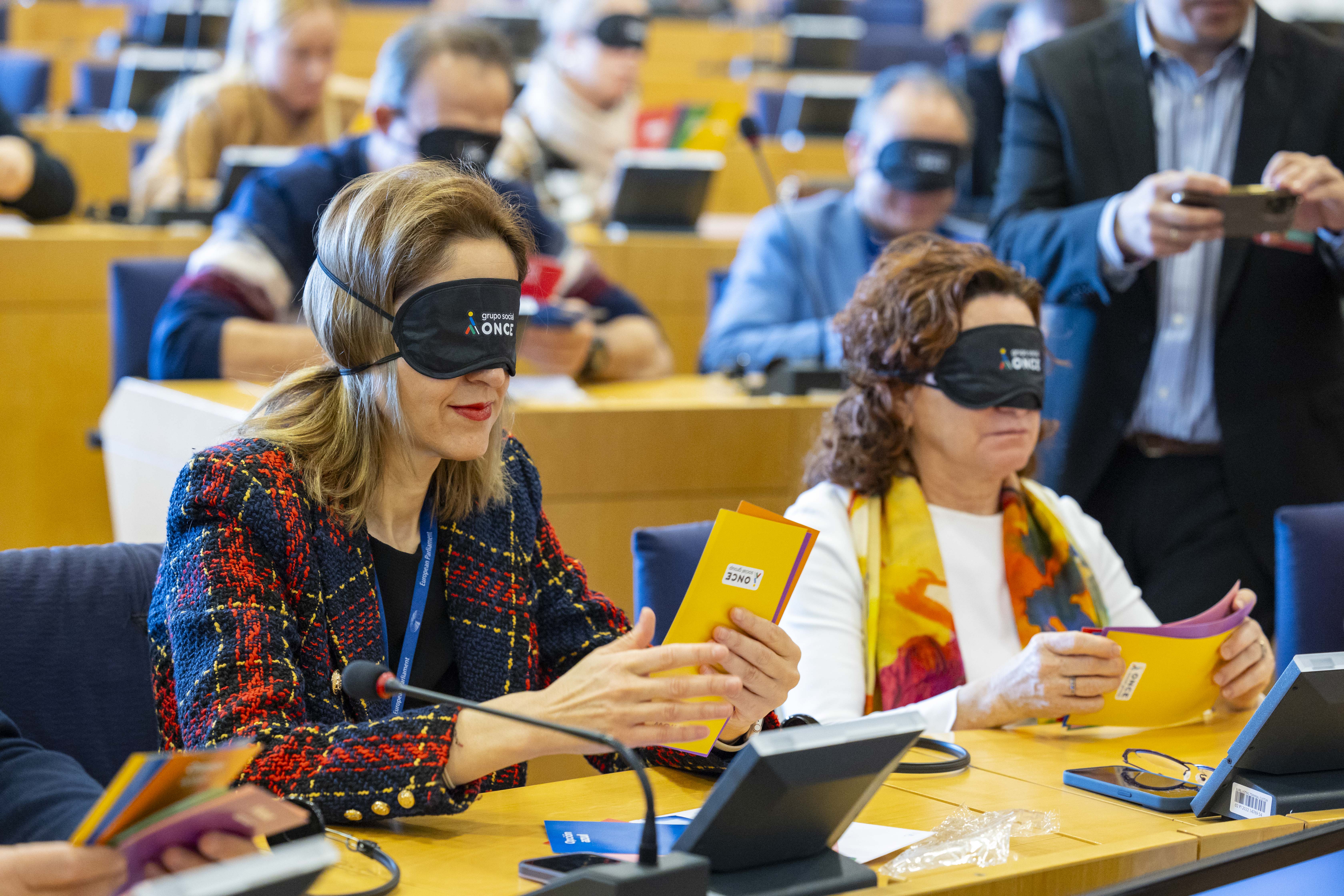 Eurodiputados con el antifaz y con las papeletas