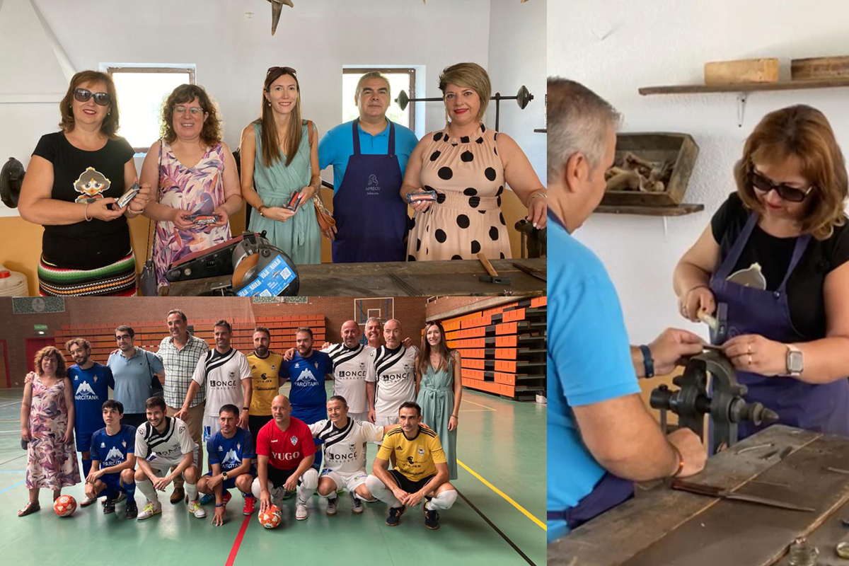 Imágenes de las actividades realizadas en 9 de septiembre. Una persona con discapacidad visual en el taller de Monta tu navaja. Un grupo de personas enseñando el kit del taller. Y el equipo de Fútbol B2 Albacete en el Pabellón Polideportivo de la Feria.