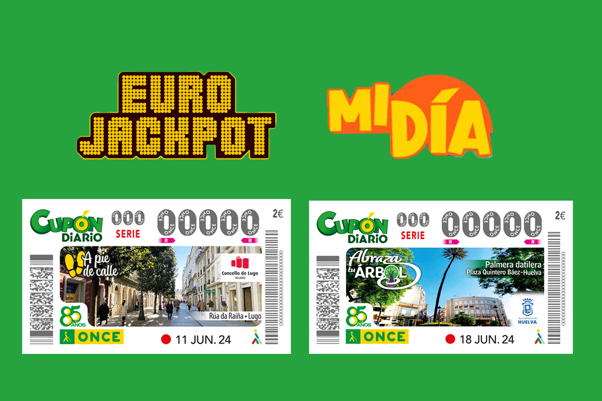 Imagen en la que se ven los cupones del 11 y 18 de junio, premiados en Castilla-La Mancha y los logos de los juegos de Mi Día y el Eurojackpot de la ONCE