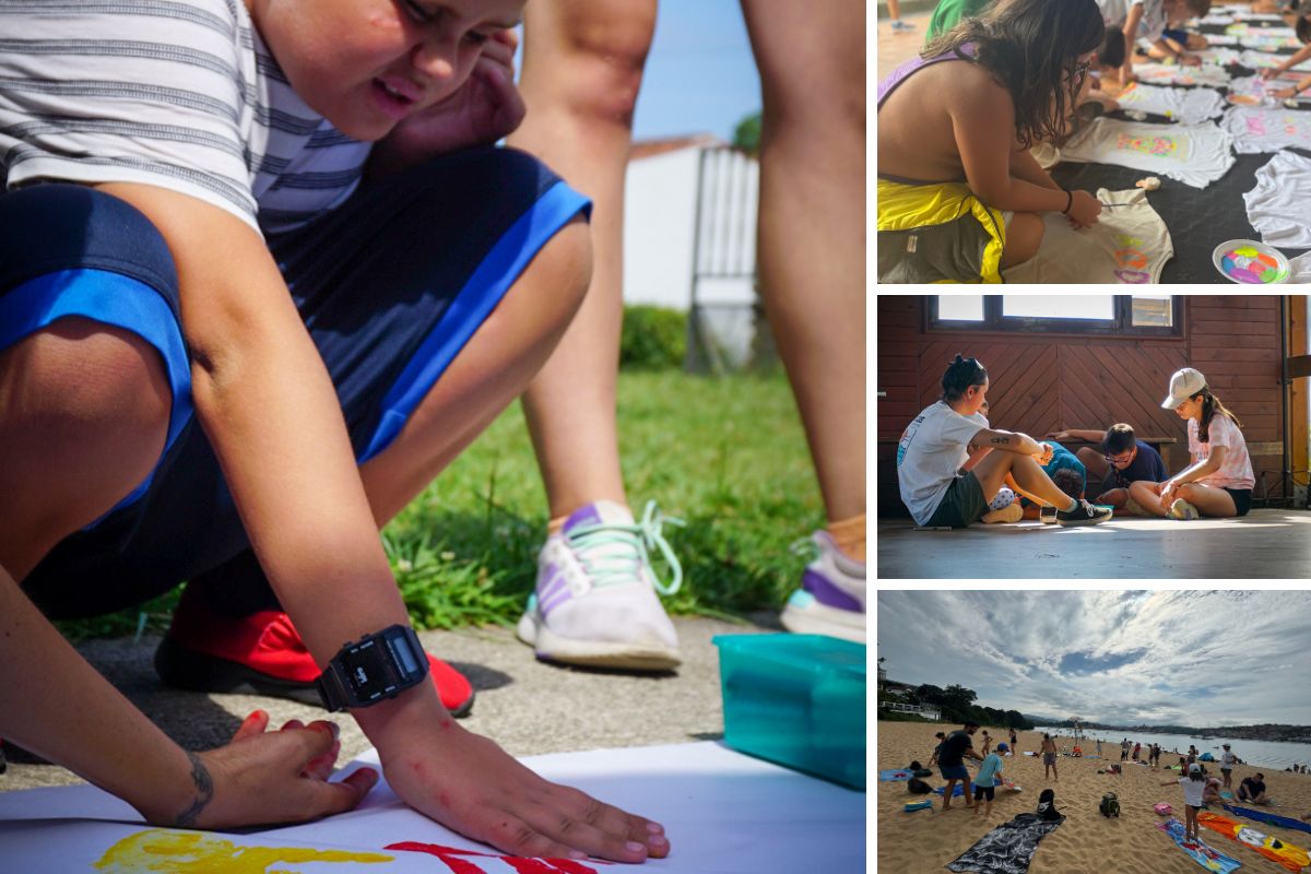 Actividades llevadas a cabo durante el Campamento de Verano de la ONCE. Se ven pintando pancartas, corriendo y en la playa