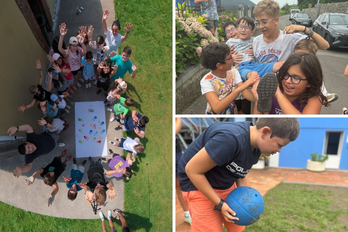 Campamentos de Verano de la ONCE de Castilla-La Mancha. Se ve una foto desde arriba de los niños preparando la ceremonia de inauguración y otras dos fotos haciendo deporte