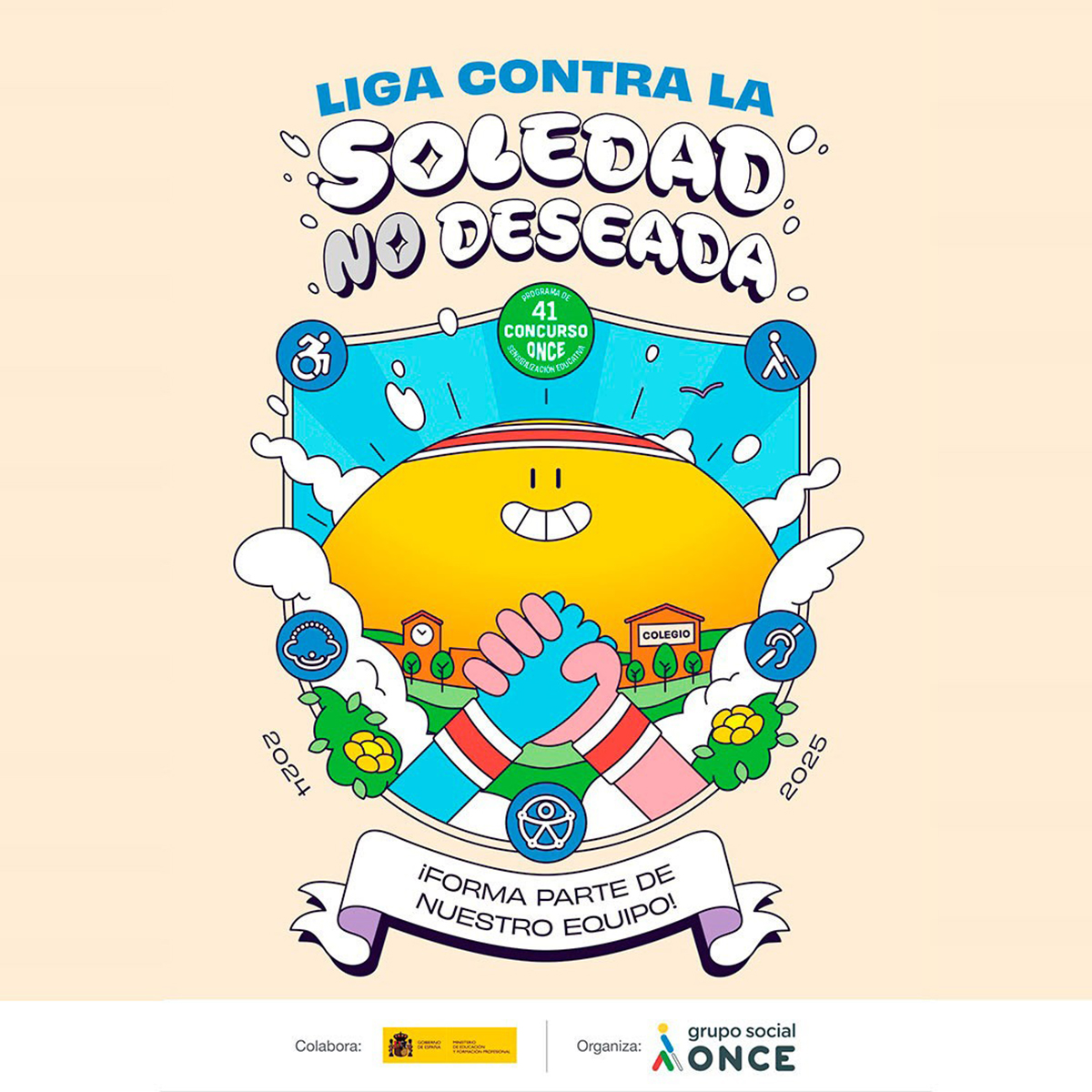 Cartel del 41º Concurso Escolar de la ONCE con el texto: Loga contra la soledad no deseada. ¡Forma parte de nuestro equipo!