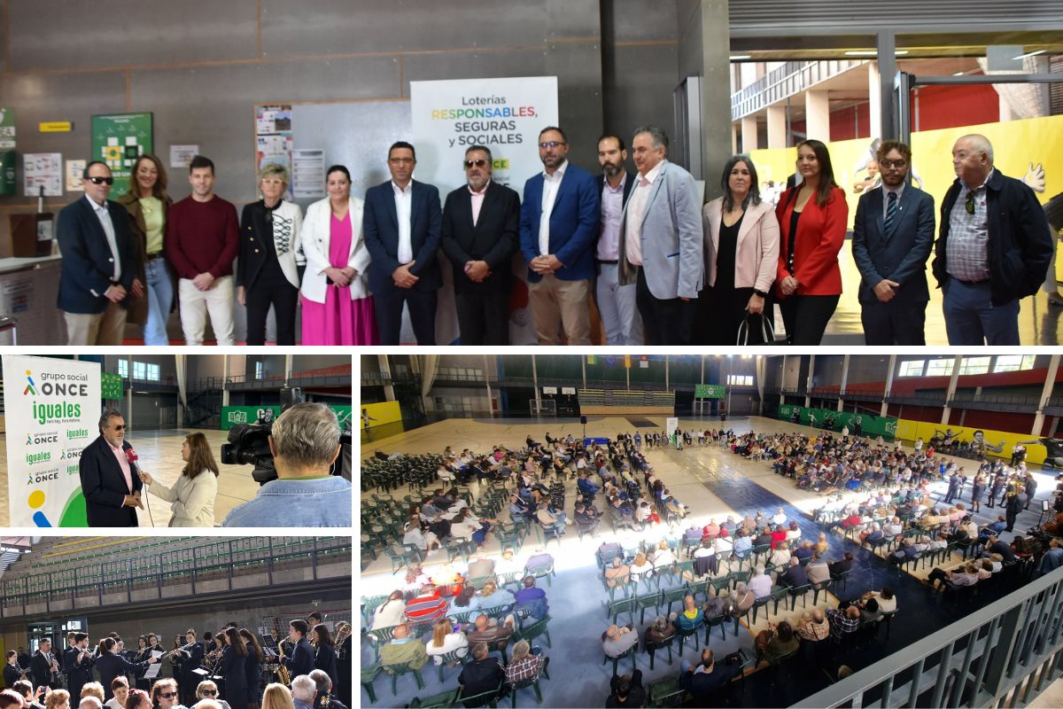 Diferentes momentos del acto llevado a cabo en el Pabellón de la Ciudad Deportiva de Tomelloso por el Día del Grupo Social ONCE: se ve a las autoridades y representantes de la ONCE; una panorámica del acto; la banda de música; y Miguel Carballeda hablando con los medios