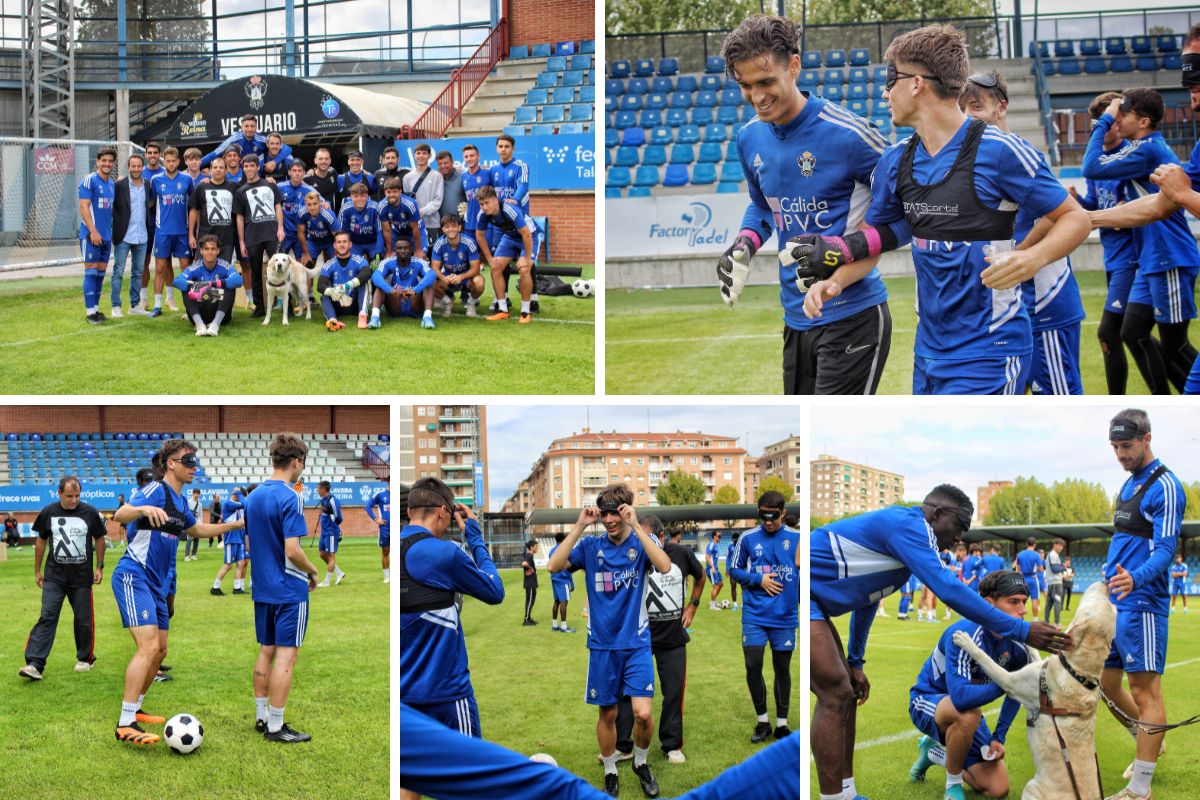 Actividad de fútbol a ciegas con el CF Talavera. Se ve una foto de familia, varios jugadores entrenando con el antifaz y escuchando las explicaciones de los profesionales de la ONCE. También se ve una imagen de los jugadores jugando con el perro guía del director de la agencia de Talavera de la Reina