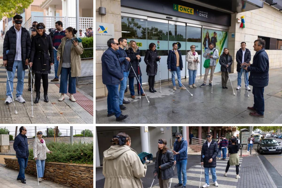 Actividad “Como no es lo mismo contarlo que vivirlo...” en Toledo. Se ven a varios periodistas atendiendo a las explicaciones de Daniel Hormigos y otras imágenes con los antifaces y los bastones de movilidad recorriendo la calle