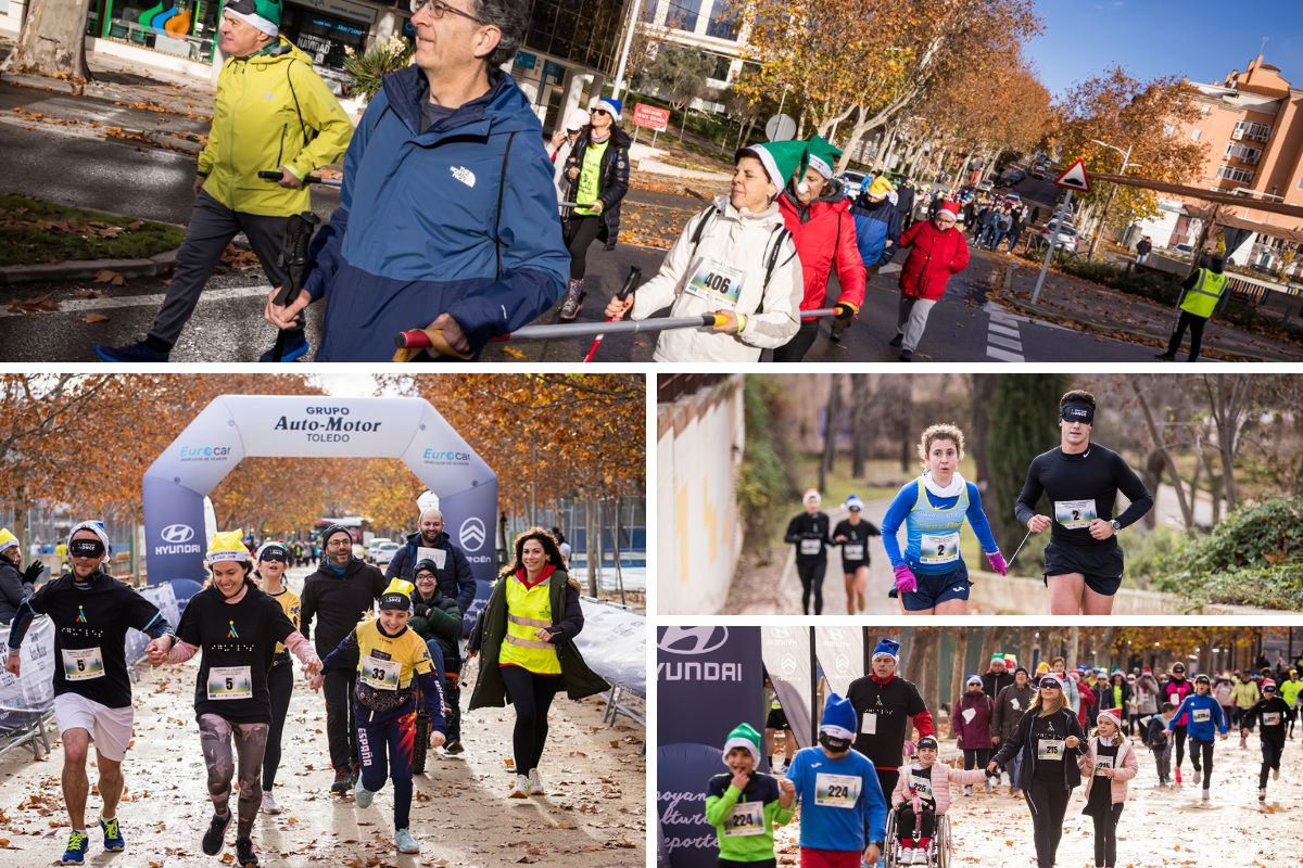 Diferentes momentos de ls carrera de la ilusión donde se ven a participantes con y sin discapacidad con el antifaz