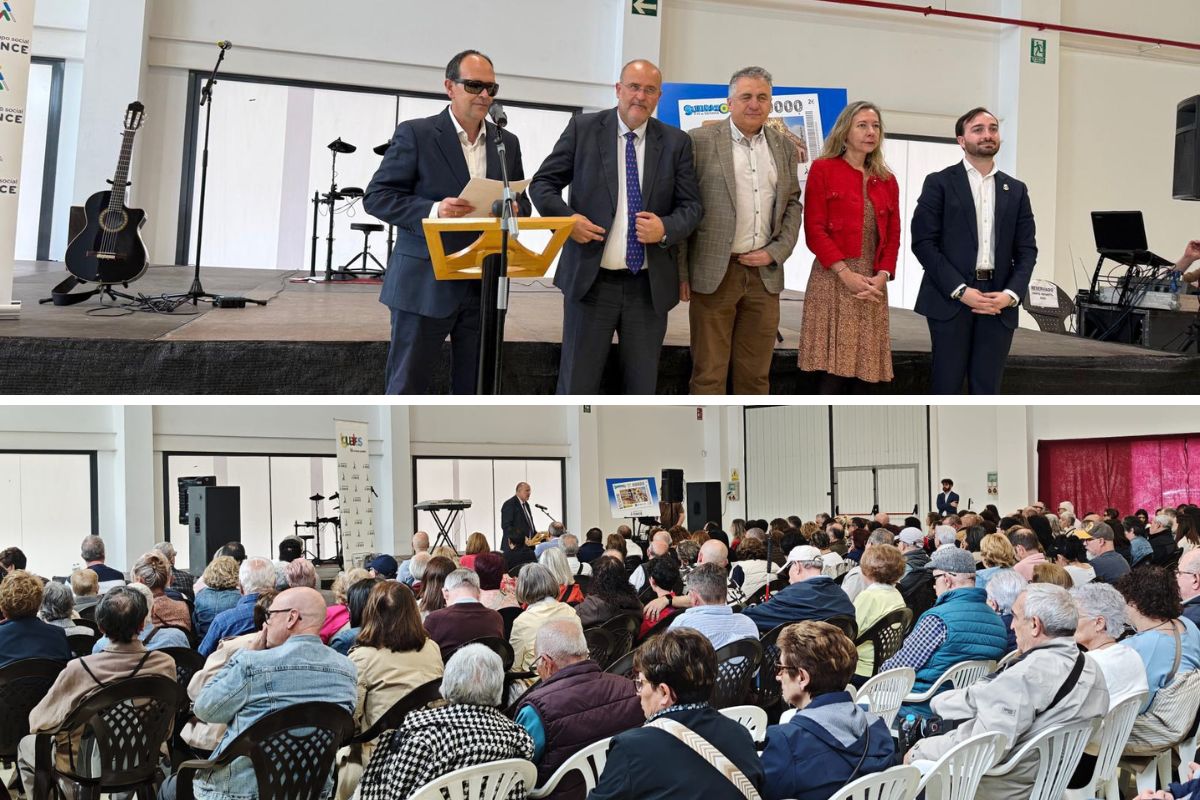 Collage del Día del Grupo Social ONCE en San Clemente en el que se ven a representantes del Grupo Social ONCE junto a osé Luis Martínez, vicepresidente 1º del Gobierno de Castilla-La Mancha; e imagen de todo el público