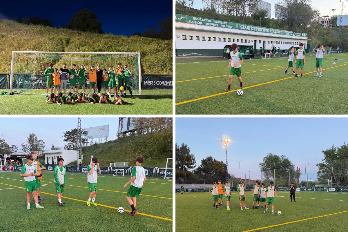 Collage actividad fútbol para ciegos con el CD Toledo en el que se ven a los jugadores de las categorías inferiores con el antifaz en el campo