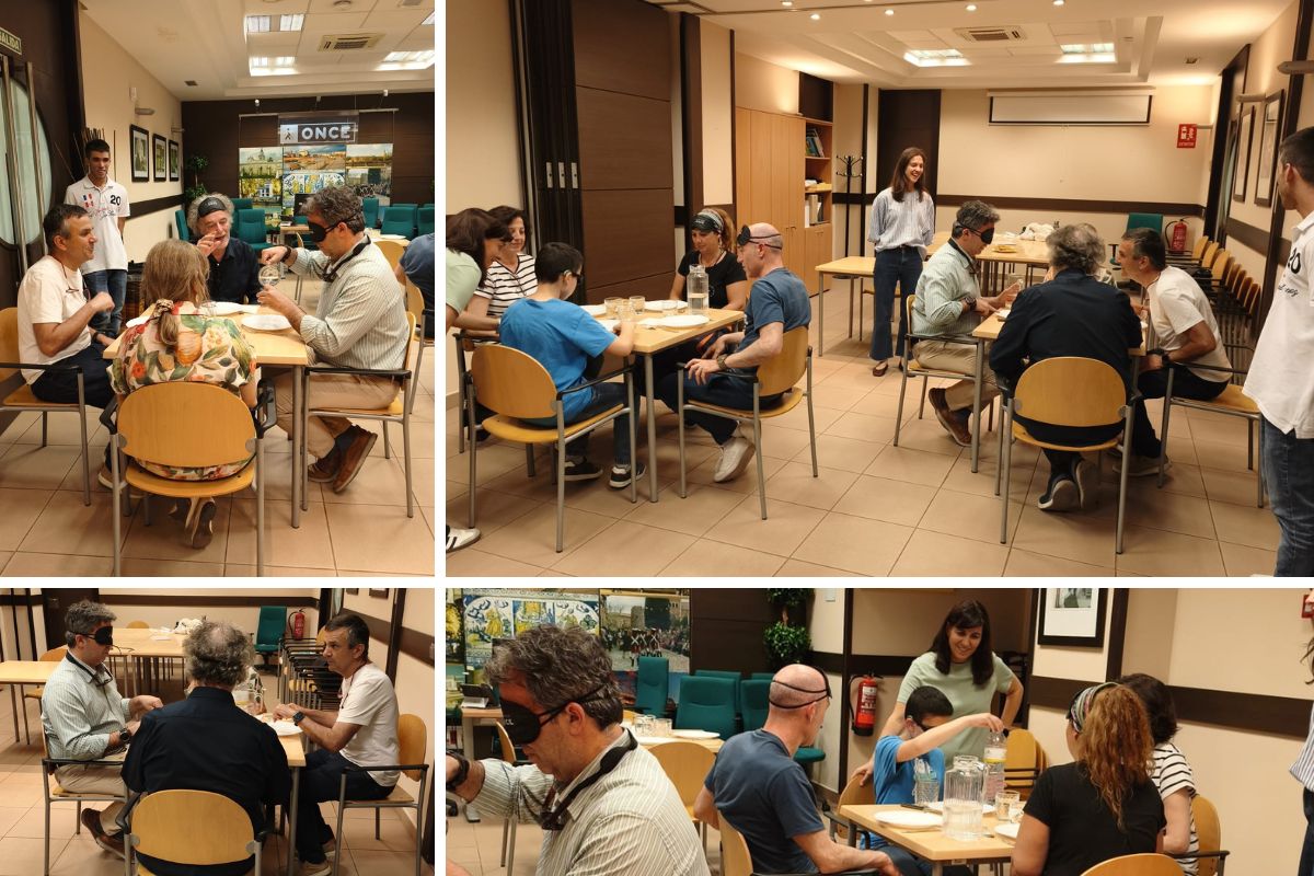 Collage de la actividad donde se ven a Familiares con los antifaces acompañados por los profesionales de la ONCE