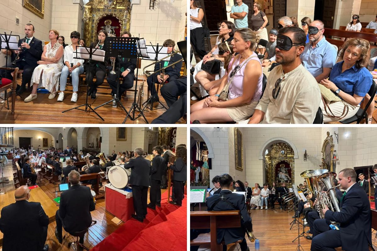 Collage del concierto inclusivo en el que se ven a personas ciegas y con discapacidad visual sentados junto a los músicos y personas del público disfrutando del concierto con el antifaz