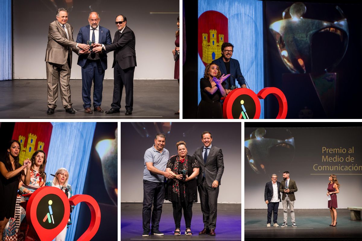 Premiados recogiendo los galardones en el escenario de los Premios Solidarios Grupo Social ONCE Castilla-La Mancha 2026