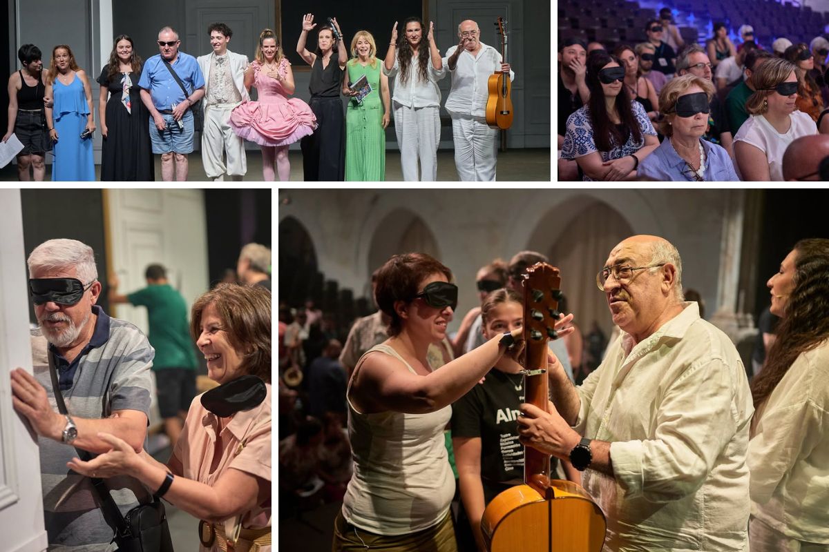 Collage de los diferentes momentos de ls experiencia Acaricia un verso, donde se ven a los actores y a los lectores de los versos en braille; y a los asistentes con el antifaz disfrutando de la obra y en el recorrido táctil
