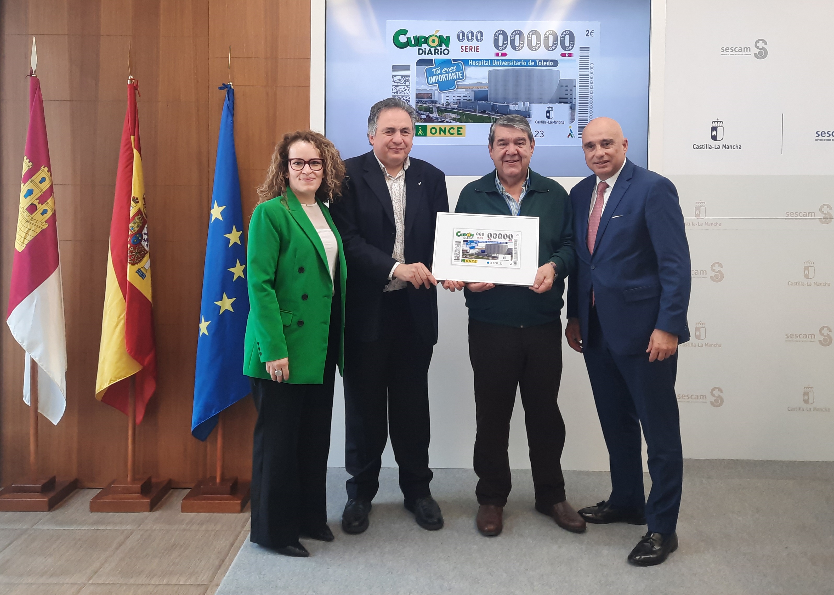 Carlos Javier Hernández Yebra, delegado Territorial de la ONCE, Rocío Rodríguez Martín, delegada Provincial de la Consejería de Sanidad, Juan Antonio Blas Quilez, gerente Hospital Universitario de Toledo y Eusebio Azorín, director de Relaciones Institucionales de ILUNION.