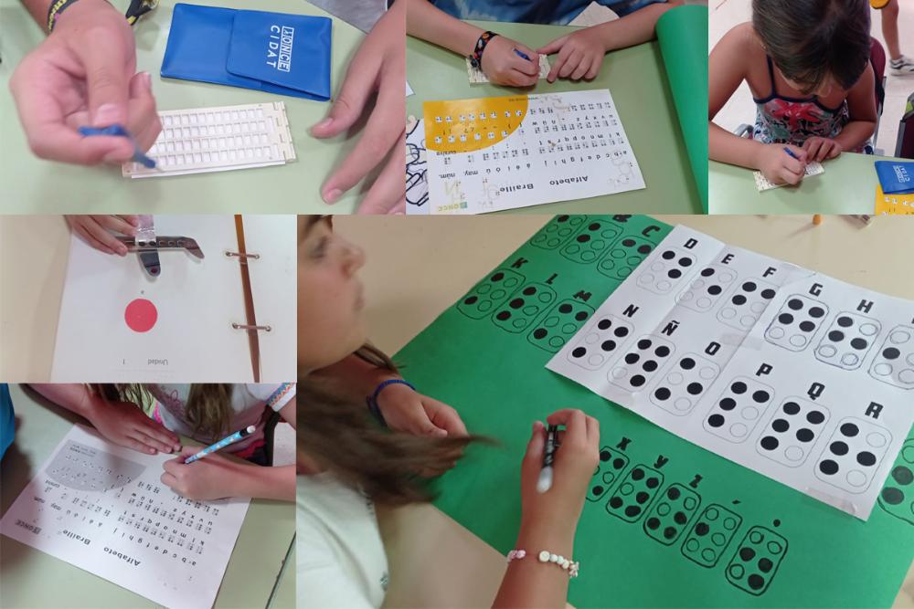 Niños aprendiendo braille jugando