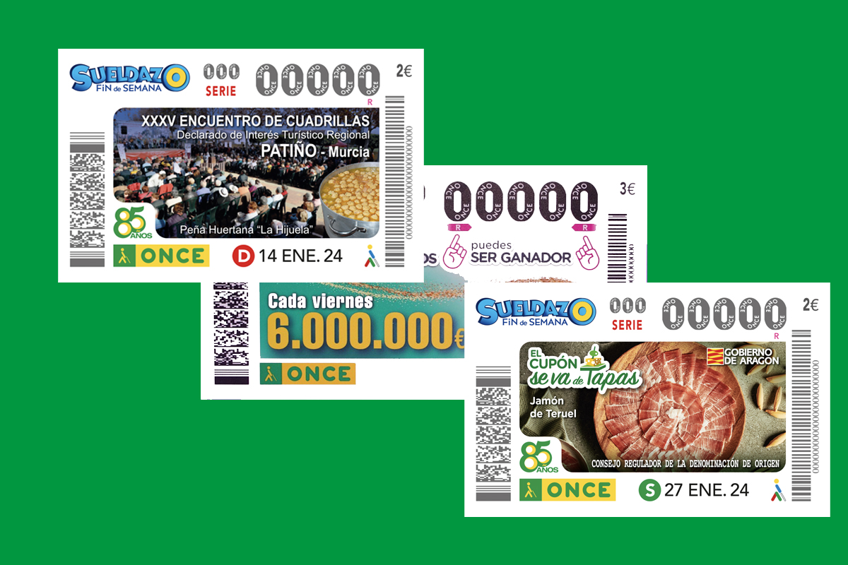 Motivos de los cupones premiados en el mes de enero (el cuponazo), el 14 de enero, dedicado al XXXV Encuentro de cuadrillas de Patiño, y el 27 de enero, dedicado al Jamón de Teruel