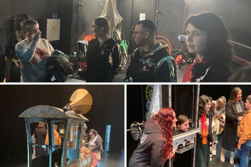 Experiencia de la visita previa a la actuación en la que se ve a los participantes interactuando con los artistas y con los objetos utilizados
