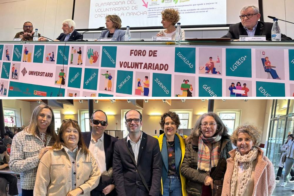Carmen Perezagua durante la celebración de una de las mesas redondas; y el equipo de servicios sociales desplazado a la jornada