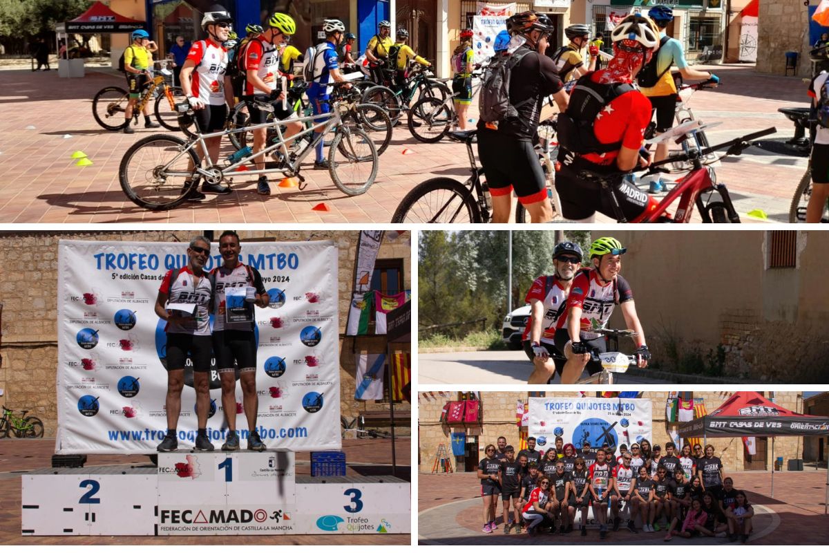 Momentos del carrera en Casa de Ves: en la parte superior, se ve a José Villar y Pedro Campayo en la zona de salida de la carrera preparándose; en la parte inferior izquierda, ambos están en el podio; en en centro, se les ve participando en la carrera; y en la esquina inferior derecha una foto de familia de los participantes con José y Pedro en el centro