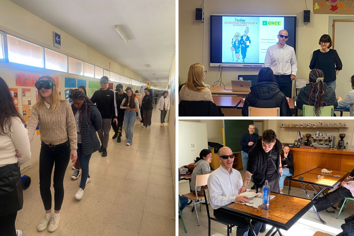 Imágenes de la jornada de formación: a la izquierda, alumnos guiándose entre ellos, algunos llevan antifaces o gafas de distorsión de la visión; en la esquina superior derecha momento de la charla de Francisco Marfil y Elvira Asensio; y en la esquina inferior derecha, momento de prácticas en la que un alumna atiende a una persona con discapacidad visual
