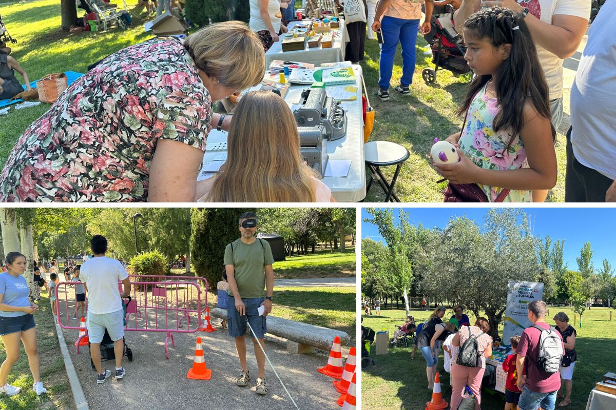 Actividades en el Día de las Familias de Toledo: en la parte superior se ve el stand que se puso del Grupo Social ONCE; en la parte inferior izquierda, se ve el circuito de movilidad; y en la parte inferior derecha, los penaltis a ciegas