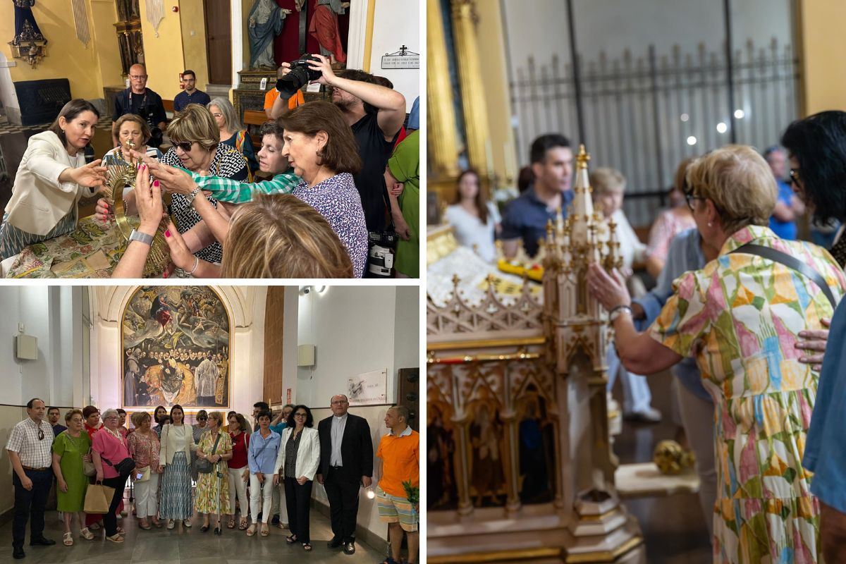 Imágenes de Corpus Inclusivo 2024: a la esquina superior izquierda varias personas con discapacidad visual tocando el Corpus Chico; en la esquina inferior derecha, foto familia frente al lienzo 'Entierro del Conde de Orgaz'; en la parte derecha, una mujer tocando los detalles del corpus chico