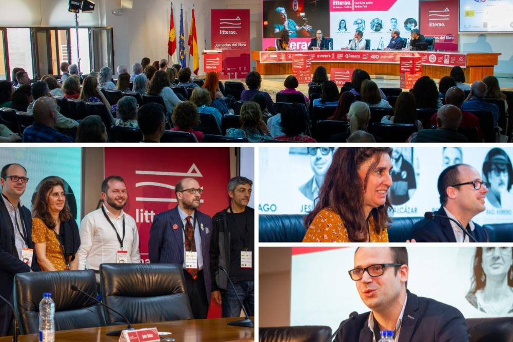 Momentos de la mesa redonda "Lectura para todos/as": En la parte superior una panorámica de los asistentes y los ponenetes; en la parte inferior izquierda los ponentes entre los que están Jesús Barba y Soraya de Santiago; en la parte central derecha, Soraya de Santiago interviniendo en la ponencia; y en la esquina inferior derecha, Jesús Barba interviniendo 