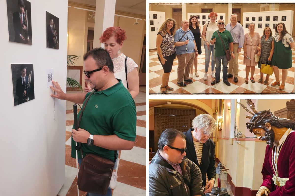 Noelia en diferentes voluntariados: en la izquierda, se ve con Lorenzo Villahermosa en un museo; en la parte superior derecha, Noelia acompañando a un grupo de afiliados en un museo; y en la esquina inferior derecha, Noelia acompañando en una actividad de Semana Santa