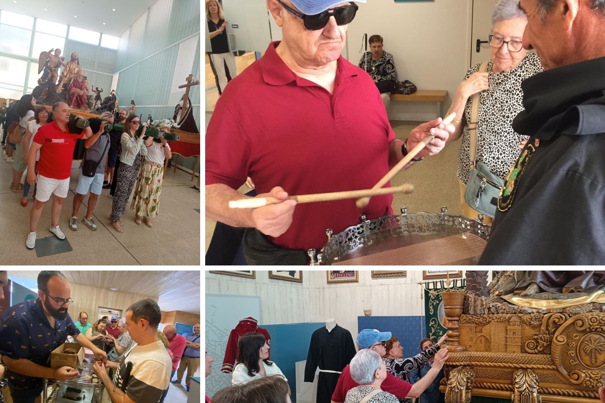 Fragmentos de la visita al MUSS: en la parte superior izquierda, los visitantes poniéndose en la piel de los costaleros; en la parte inferior izquierda, un miembro del museo explicando una réplica a un visitante; en la parte superior derecha, tamborilero explicando a una persona con discapacidad visual el tambor; y en la parte inferior derecha, varias personas tocando uno de los tronos de la Semana Santa de Hellín