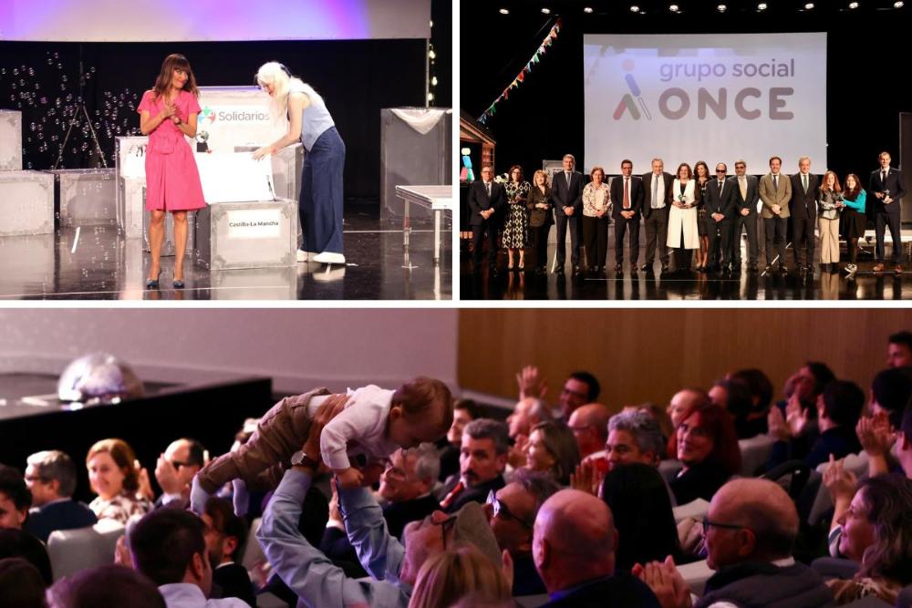Momentos de la gala de los Premios Solidarios del Grupo Social ONCE Castilla-La Mancha: Patty Bonet y Laura Ferrer en el escenario; foto de familia de premiados y autoridades; y el protagonista del vídeo final de la gala en el patio de butacas mientras que todos los asistentes aplauden