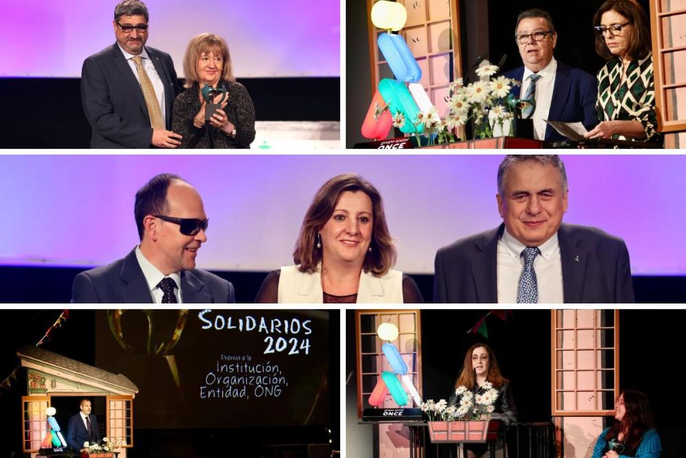 Los 5 premiados en diferentes momentos recogiendo los galardones de los Premios Solidarios Grupo Social ONCE Castilla-La Mancha