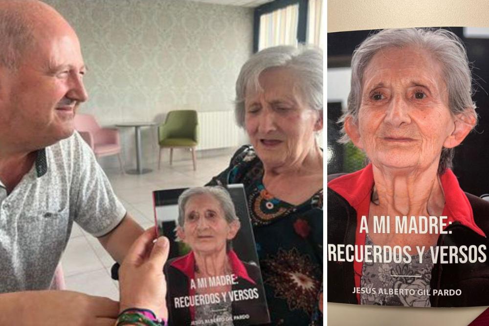 Alberto Gil junto a su madre y la portada de su libro