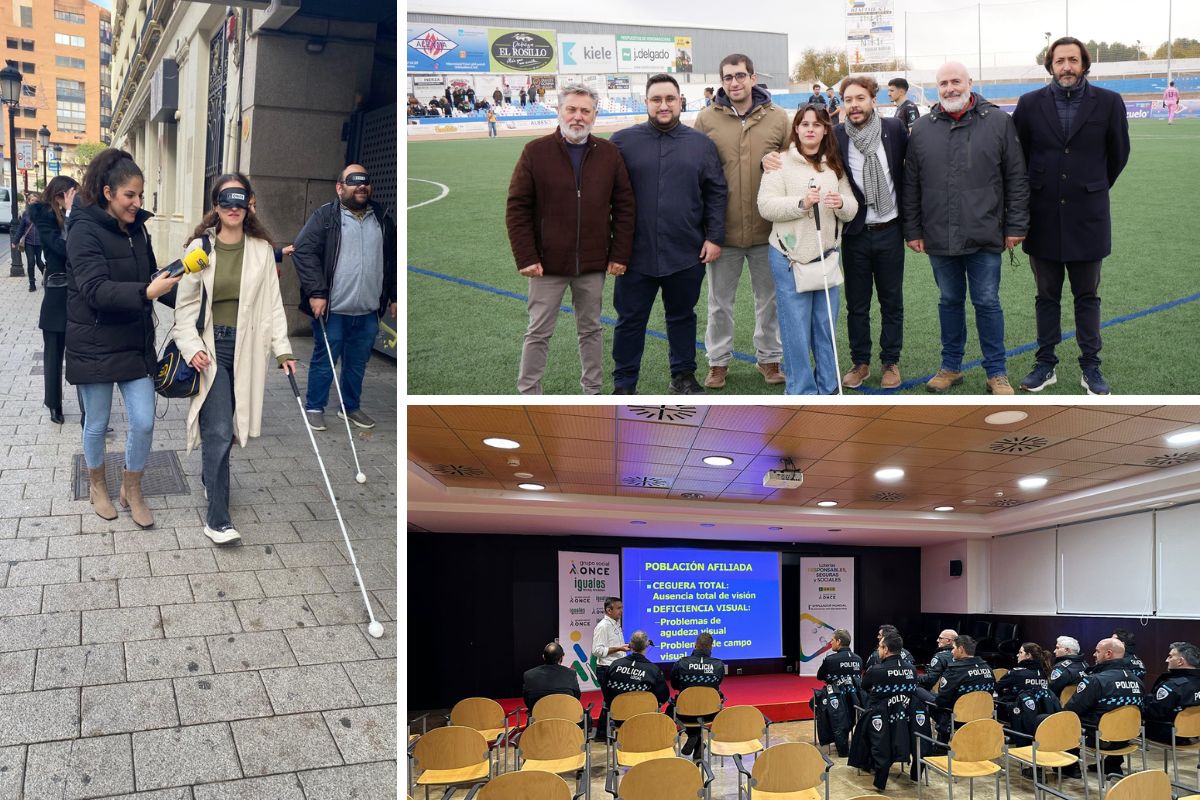 Actividades de la Semana de la ONCE en Castilla-La Mancha: en la izquierda se ve a periodistas de Albacete en el paseo a ciegas; en la parte superior derecha, los participantes del saque de honor con el UD Socuéllamos; y en la parte inferior derecha, el taller de sensibilización con la Policía de Guadalajara