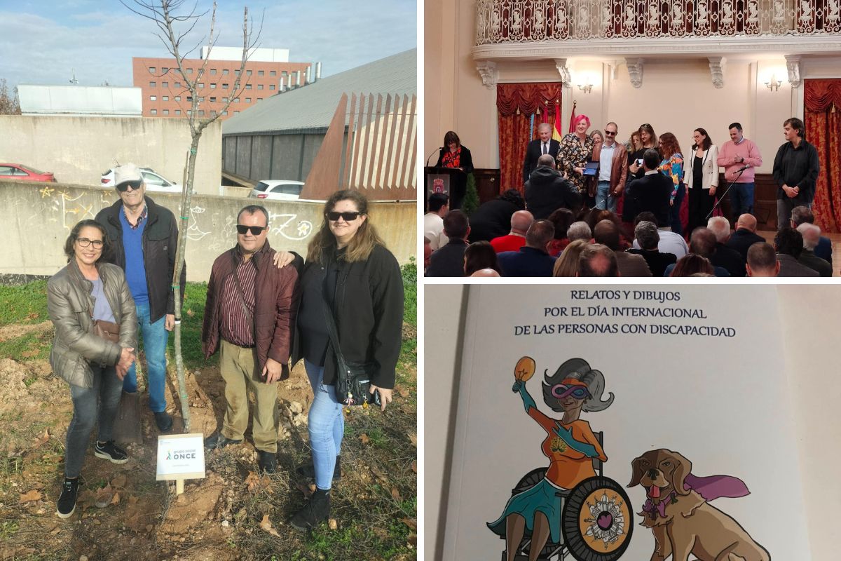 A la izquierda se ve a miembros del Grupo Social ONCE de Ciudad Real durante el acto de plantación de un árbol; en la parte superior derecha el acto de Día de la Discapacidad en el Antiguo Casino de Ciudad Real; y en la parte inferior derecha la portada del libro editado por el Patronato Municipal de Personas con Discapacidad