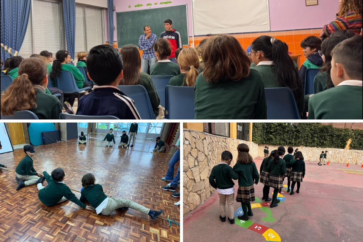 Momentos de la jornada en el colegio Ruiz de Luna. En la parte superior se ve a Víctor hablando frente a un grupo de alumnos. En la parte inferior se ve a los alumnos participante en la actividad de goalball y en el circuito.