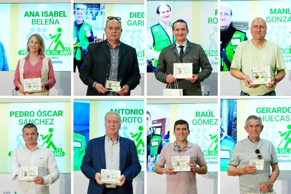 Centinelas de la Ilusión finalistas de la gala de Castilla-La Mancha. En orden de aparición: Ana Isabel Beleña, Diego Garijo, Rafael Rodríguez, Manuel González, Pedro Óscar Sánchez, Antonio Maroto, Raúl Gómez, y Gerardo Huecas