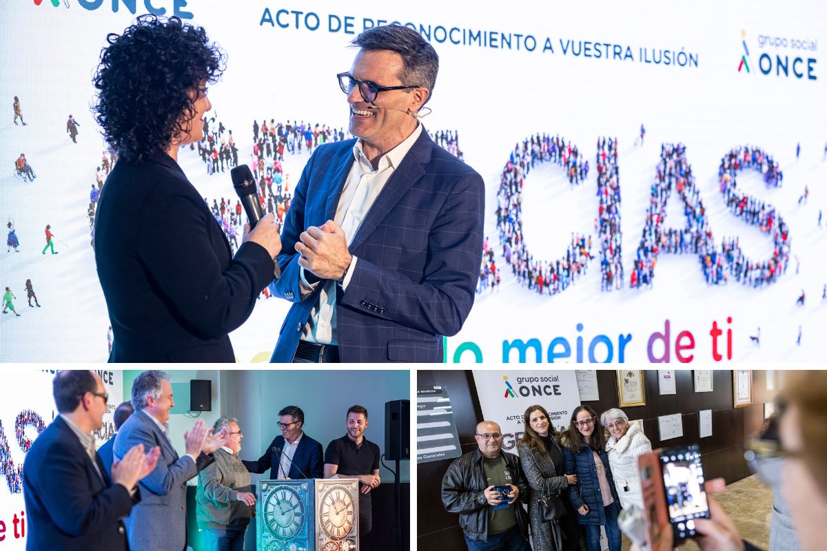 Luis Larrodera presentando el acto; un trabajador subiendo al escenario mientras los demás le aplauden; y 4 trabajadores homenajeados posando en el photocall mientras les hacen una foto