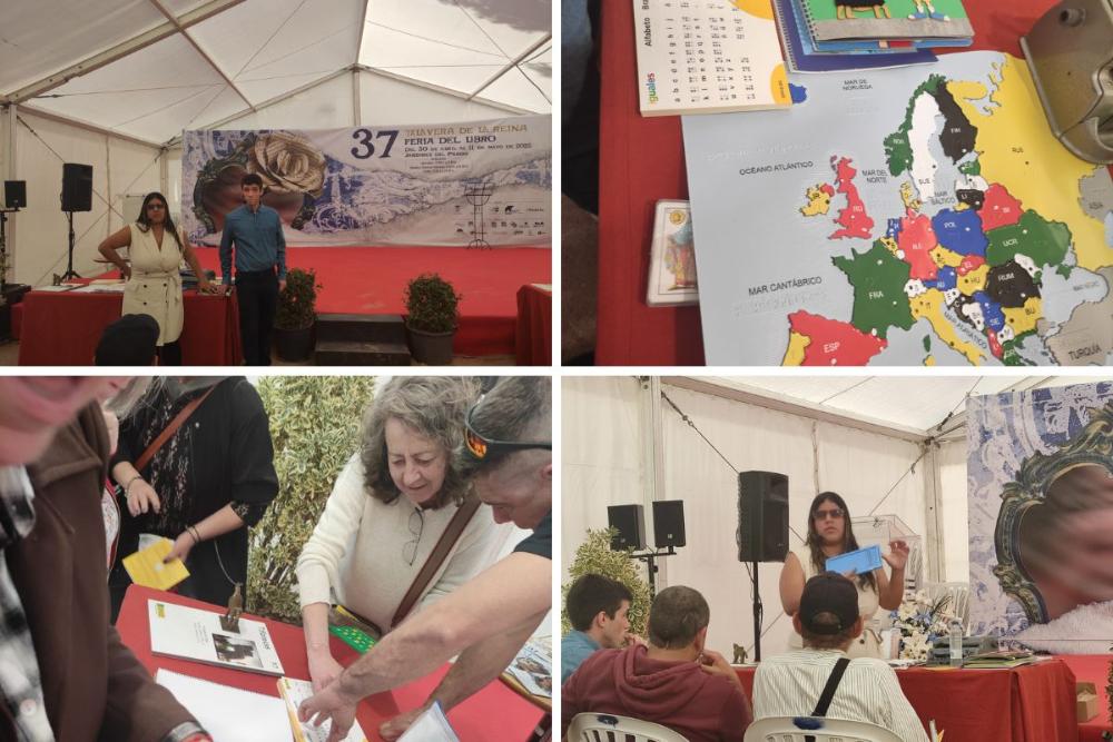 Momentos del taller en la Feria del Libro de Talavera en los que se ve a Karla explicando los materiales y a por participantes tocándolos