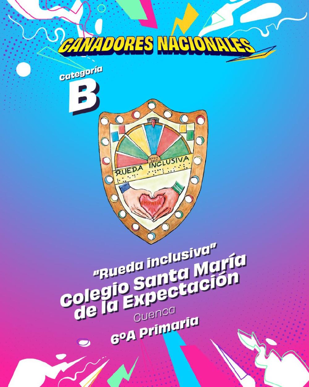 Escudo ganador de los alumnos del Colegio Santa María de la Expectación de Cuenca. El escudo consta de una ruleta, en el centro el título "Rueda inclusiva" en tinta y en braille y debajo dos manos formando un corazón.