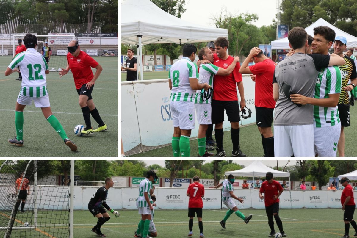 Final de Fútbol 5 entre Real Betis ONCE y Madrid Fútbol Ciegos. Se aprecia un regate, el lanzamiento de un penalti y los jugadores de ambos equipos abrazándose tras terminar el partido