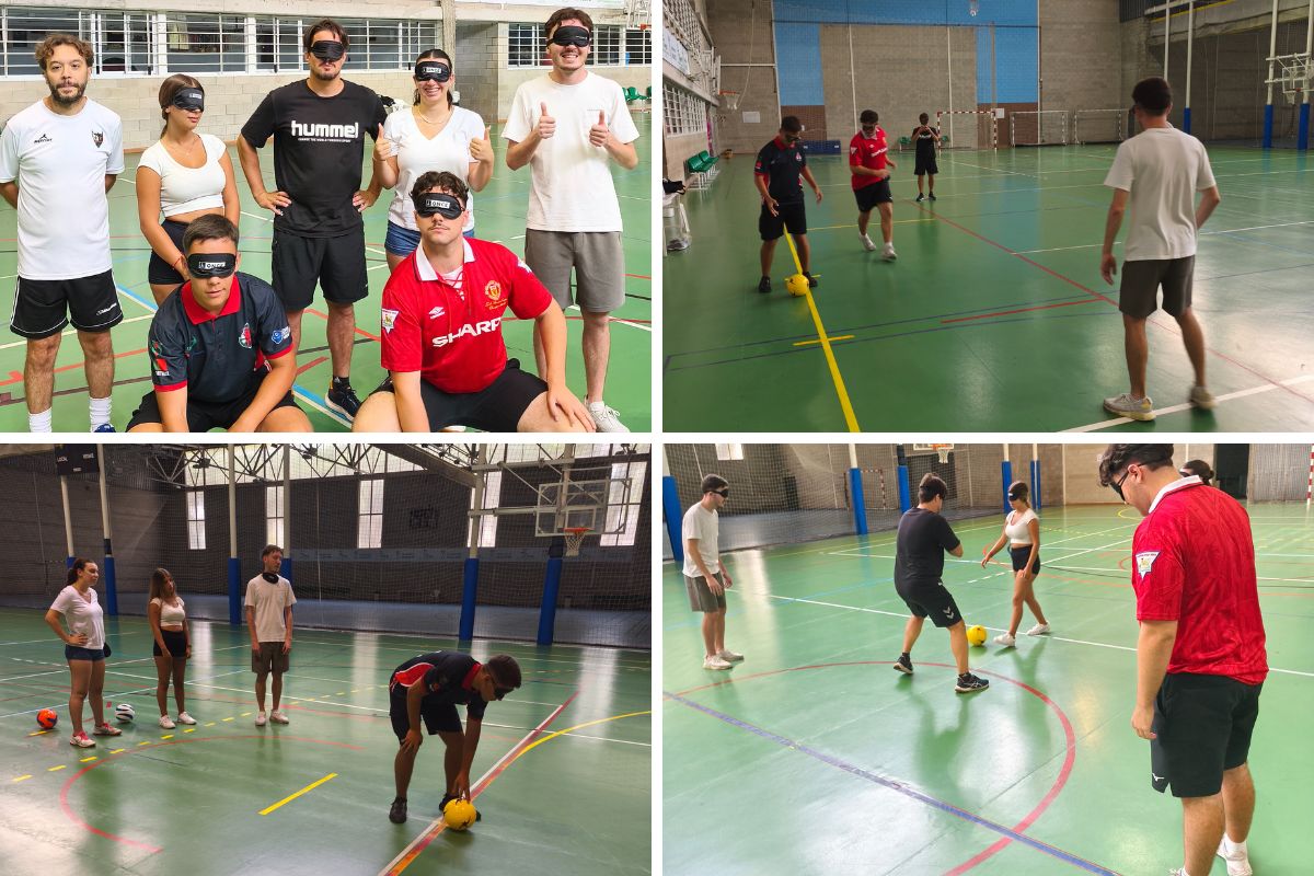 Participantes en la jornada de fútbol 5 con antifaces haciendo diferentes dinámicas de juego
