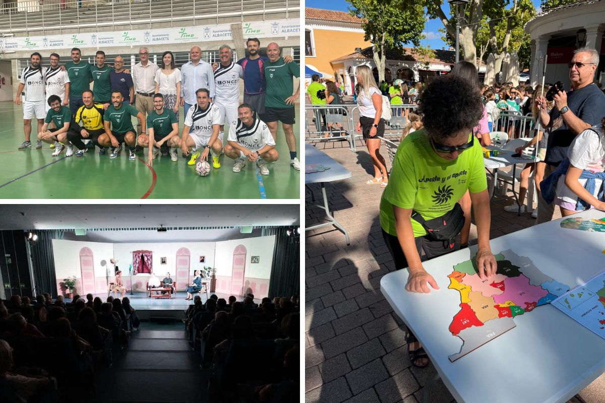 Diferentes actividades de la ONCE en la Feria de Albacete: los equipos de fútbol sala B2 y B3; el grupo de teatro de La Ruina sobre en escenario; y una mujer haciendo el puzle adaptado del mapa de España en stand de la ONCE en el Día de la Discapacidad