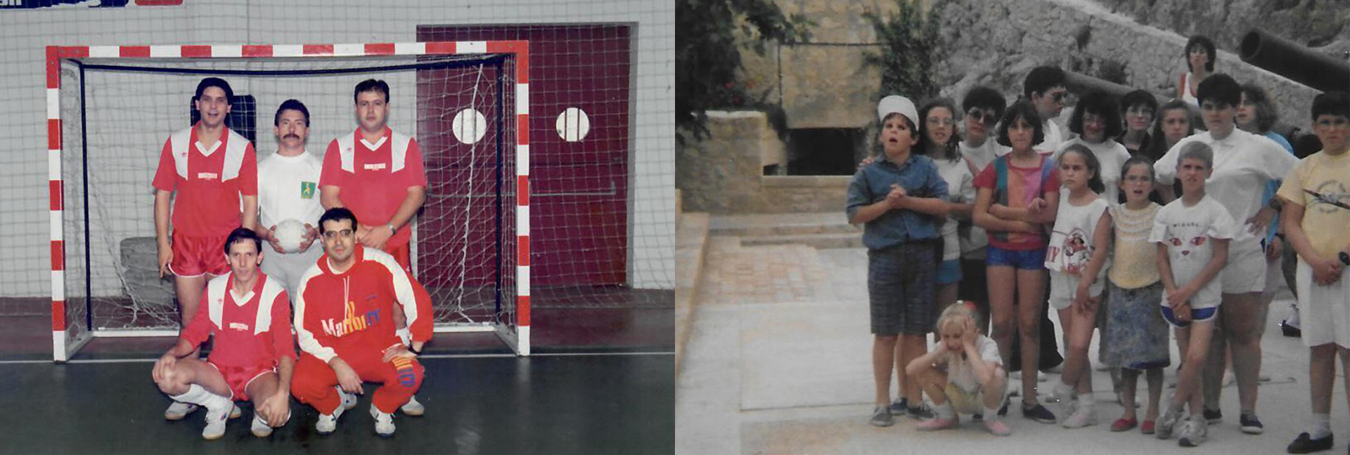 A la izquierda, el equipo de fútbol de la ONCE; y a la derecha, niños de los primeros campamentos de la ONCE en Castilla-La Mancha