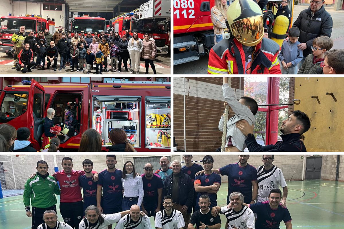 Imágenes de la visita al parque de bomberos de Albacete en la que se ven a los niños probándose un traje, en un camión de bomberos y subiendo a la cuerda, y, finalmente, fotografía de los dos equipos de fútbol sala