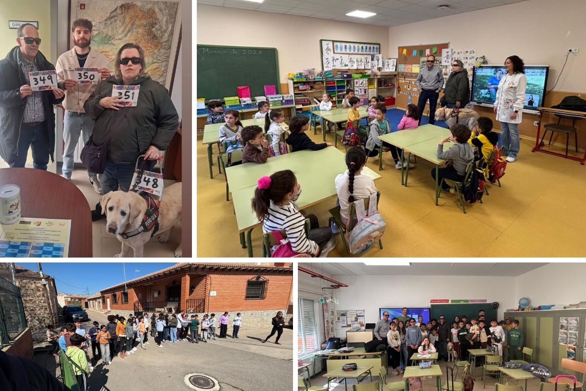 Collage de las charlas de sensibilización, donde se ve a José Martínez acompañado por una usuaria de perro guía. También se ve una imagen de un simulacro de la carrera en la que algunos alumnos van con antifaz. Y José Martínez con el dorsal de la carrera