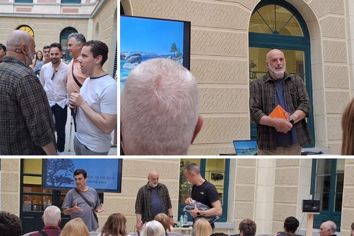 Collage de fotos de momentos de la actividad Con el oído de búho con los participantes de la ONCE Toledo