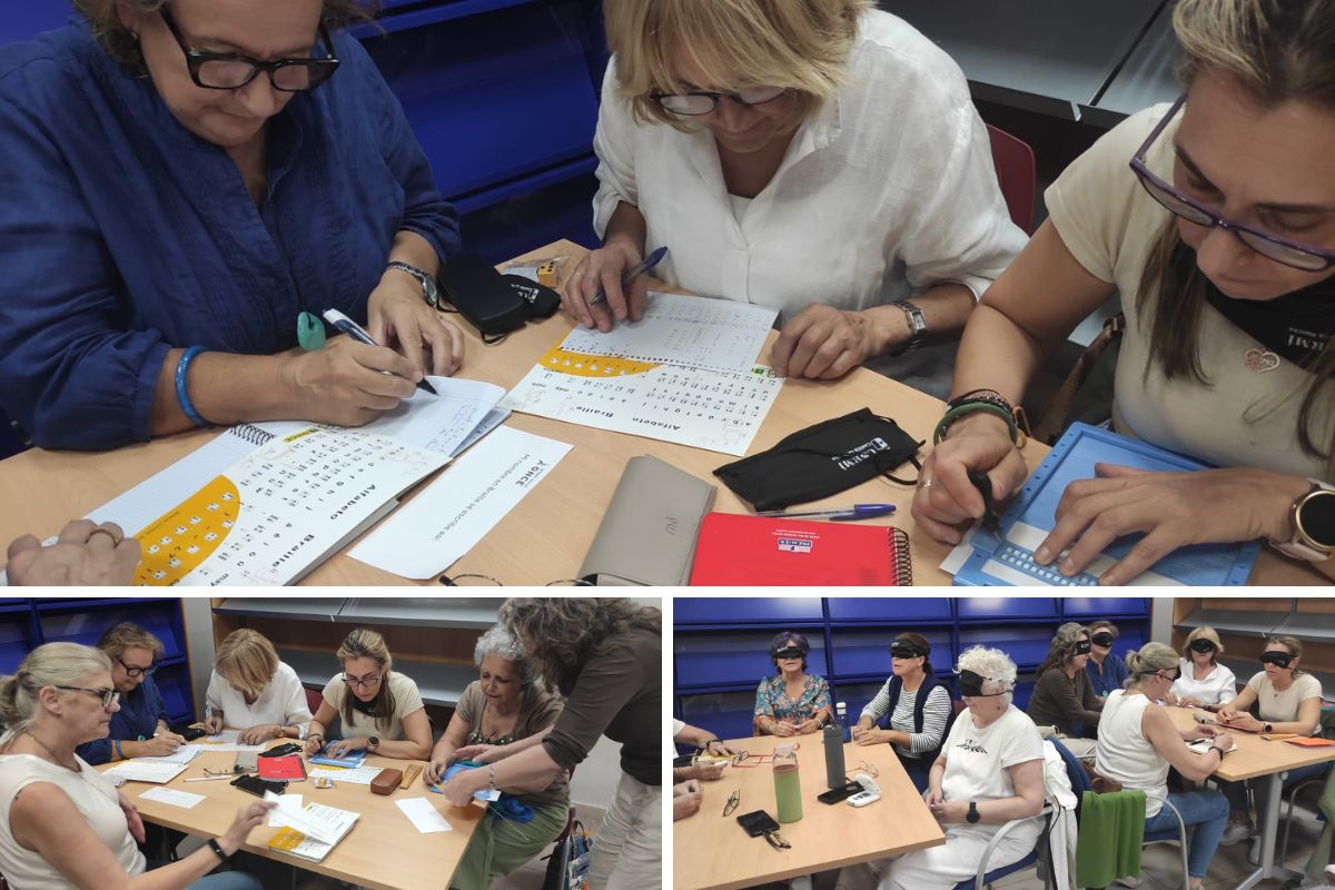 Participantes del curso de braille en diferentes momentos del taller: escribiendo y con antifaces