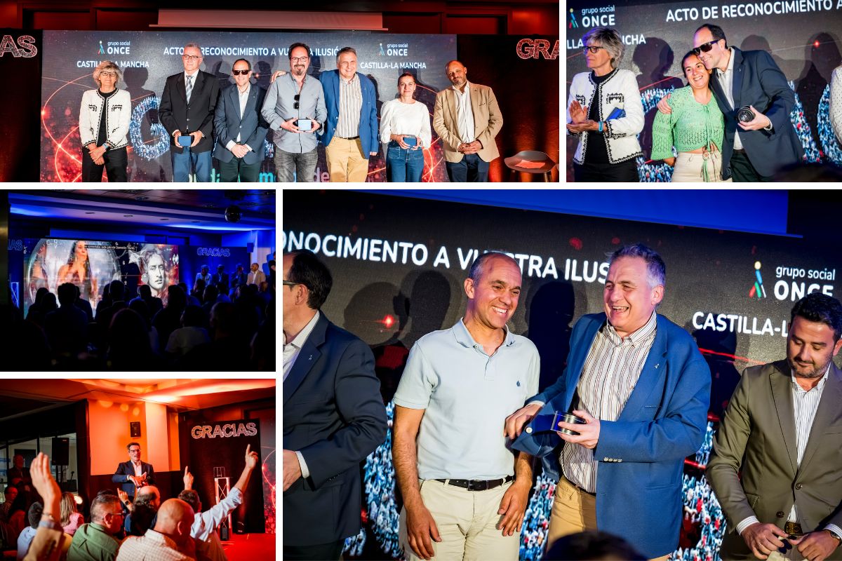 Collage de diferentes momentos de la gala. Trabajadores recibiendo el reconocimiento, otros posando y Luis Larrodera dirigiéndose al público