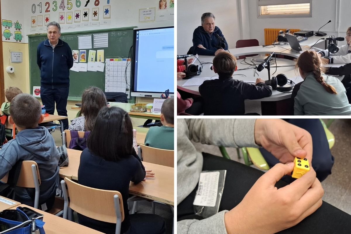 Detalles de la jornada en el centro escolar. Se ve a Carlos Javier hablando en un aula, el detalle de las manos de un alumno con un llavero del signo generador y momento de la grabación del podcast del colegio
