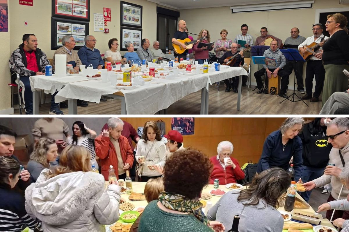 Arriba, jornada gastronómica de Cuenca mientras es amenizada por el grupo de música, y abajo, varios participantes de Ciudad Real disfrutando de los platos