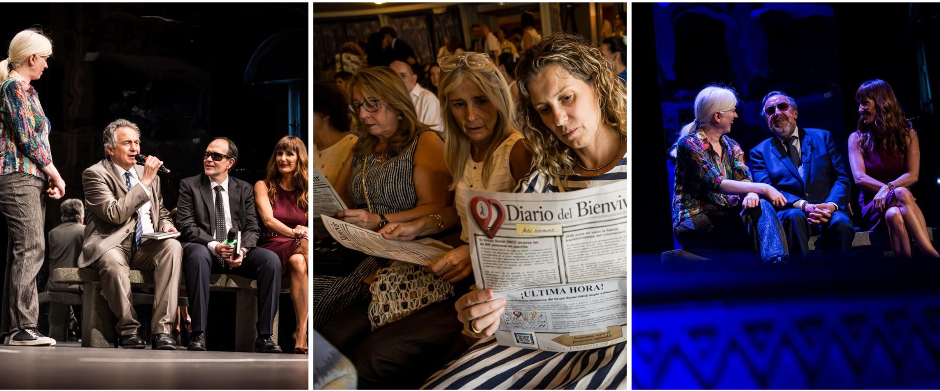 Collage con diferentes momentos de la gala: Carlos Javier Hernández y José Martínez entrevistados por las presentadoras; Personas del público leyendo el Diario del Bienvivir; y Miguel Carballeda entrevistado por las presentadoras